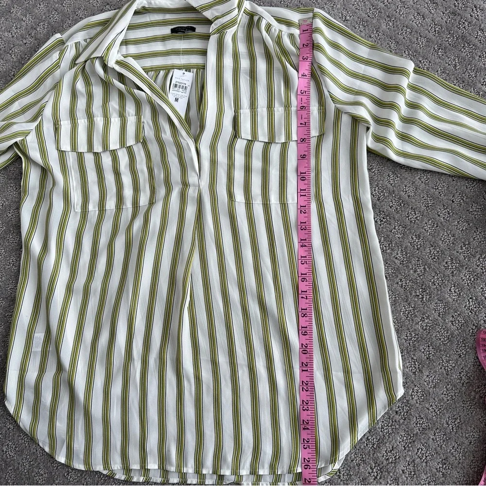 Ann Taylor - Women's Pleated White with Green Stripe Blouse - Medium - Picture 6 of 6